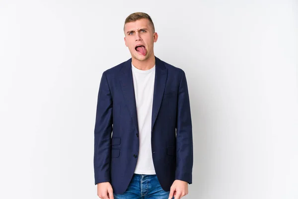 Young Business Caucasian Man Funny Friendly Sticking Out Tongue — ストック写真