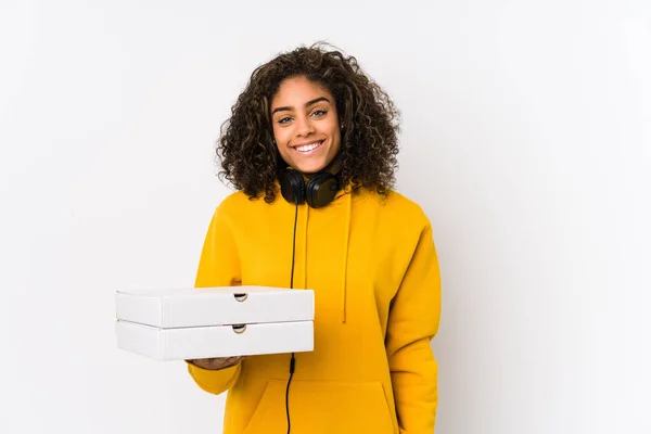 Ung Afrikansk Amerikansk Student Kvinna Som Håller Pizzor Glada Leende — Stockfoto