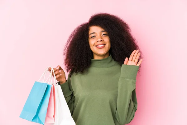 Jovem Afro Mulher Compras Isolado Jovem Afro Mulher Comprar Isolajovem — Fotografia de Stock