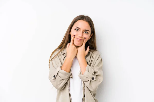 Mujer Joven Caucásica Aislada Dudando Entre Dos Opciones — Foto de Stock