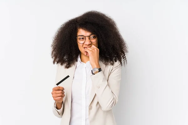 Jovem Empresária Afro Segurando Carro Crédito Isolado Jovem Empresária Afro — Fotografia de Stock