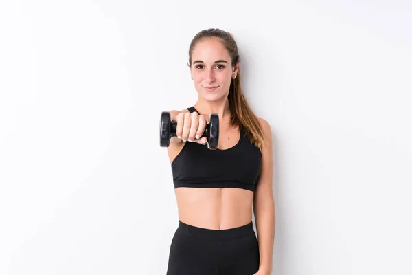Young Caucasian Sporty Woman Holding Dumbbell — Stock Photo, Image