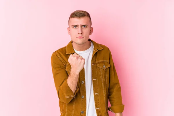 Young Caucasian Man Isolated Showing Fist Camera Aggressive Facial Expression — Stock Photo, Image