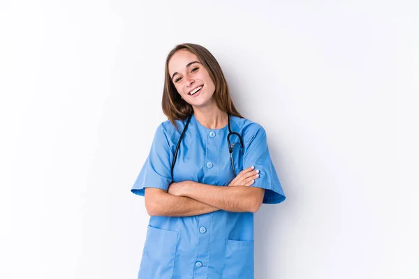Ung Sjuksköterska Kvinna Isolerad Skrattar Och Kul — Stockfoto