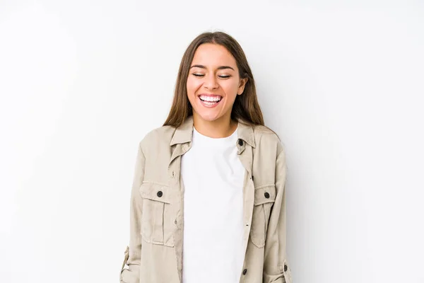 Young Caucasian Woman Isolated Laughs Closes Eyes Feels Relaxed Happy — Stock Photo, Image