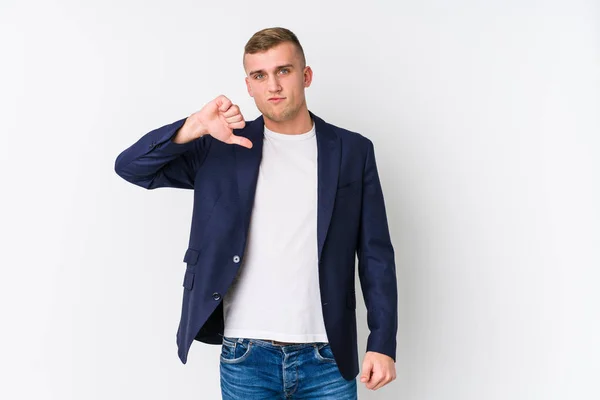 Homem Caucasiano Negócios Jovem Mostrando Gesto Antipatia Polegares Para Baixo — Fotografia de Stock