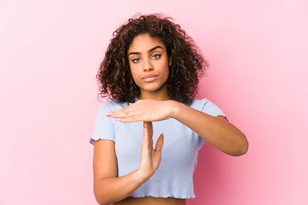 Young African American Woman Pink Background Showing Timeout Gesture — Stock Photo, Image