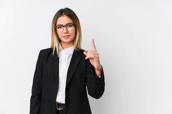 Νεαρή Επιχειρηματίας Καυκάσιος Γυναίκα Δείχνει Νούμερο Ένα Δάχτυλο — Φωτογραφία Αρχείου