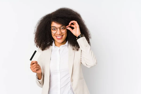 Jovem Afro Mulher Negócios Segurando Carro Crédito Isolado Jovem Afro — Fotografia de Stock