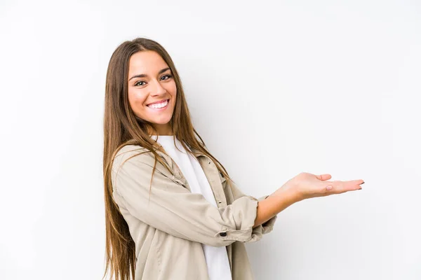 Young Caucasian Woman Isolated Holding Copy Space Palm — 스톡 사진