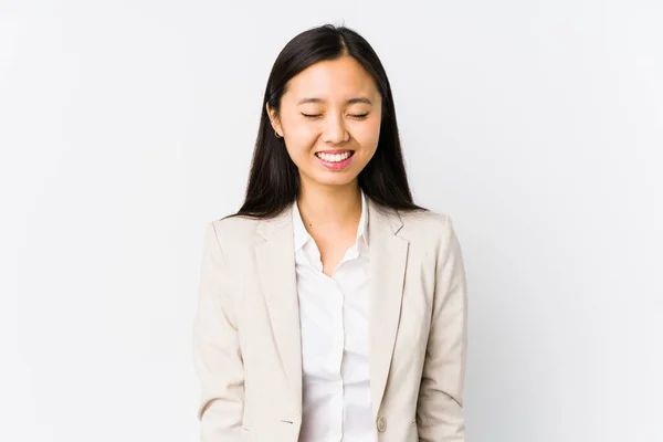 Young Chinese Business Woman Isolated Laughs Closes Eyes Feels Relaxed — Stock Photo, Image