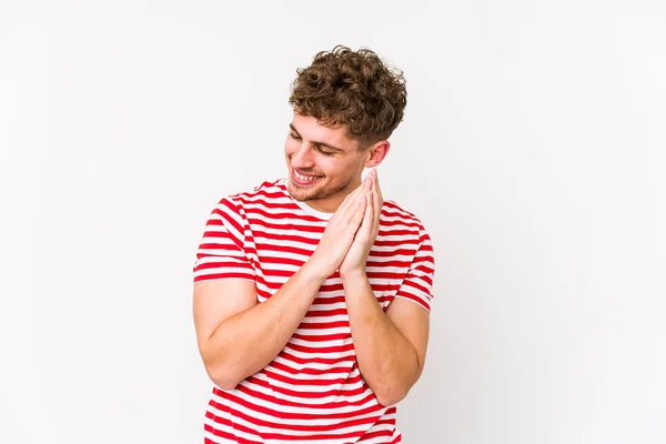 Young Blond Curly Hair Caucasian Man Isolated Joyful Laughing Lot — Stock Photo, Image