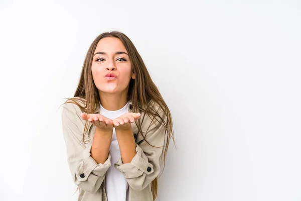 Joven Caucásico Mujer Aislado Plegable Labios Celebración Palmas Enviar Aire — Foto de Stock