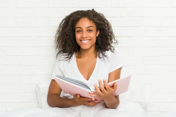 Young African American Woman Sitting Bed Studying Happy Smiling Cheerful — 스톡 사진