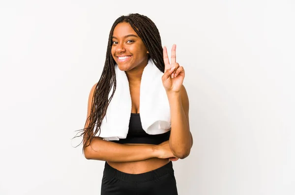 Młody Afrykański Amerykański Sport Kobieta Odizolowany Pokazując Numer Dwa Palce — Zdjęcie stockowe