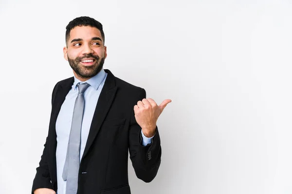 Young Latin Business Woman White Background Isolated Points Thumb Finger — Stock Photo, Image