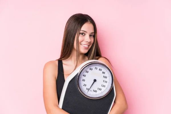 Young Caucasian Sporty Woman Holding Scale — Stock Photo, Image