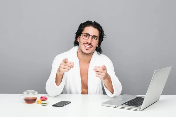 Young Handsome Man Working Shower Cheerful Smiles Pointing Front — Stock Photo, Image