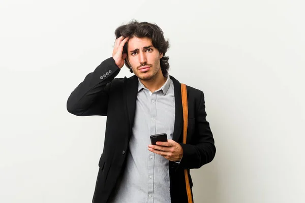 Молодий Бізнесмен Тримає Телефон Шоці Вона Згадує Важливу Зустріч — стокове фото