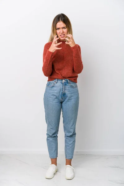 Corpo Pieno Giovane Donna Caucasica Sconvolto Urlando Con Mani Tese — Foto Stock