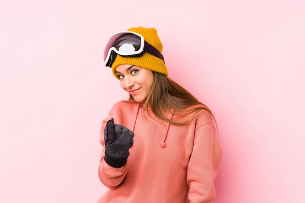 Young Caucasian Woman Wearing Ski Clothes Isolated Pointing Finger You — 스톡 사진