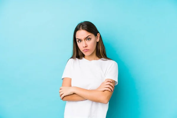 Jeune Femme Caucasienne Isolée Malheureuse Regardant Caméra Avec Expression Sarcastique — Photo