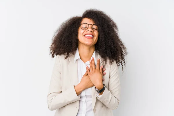 Young African American Business Woman Laughing Keeping Hands Heart Concept — Stock Photo, Image