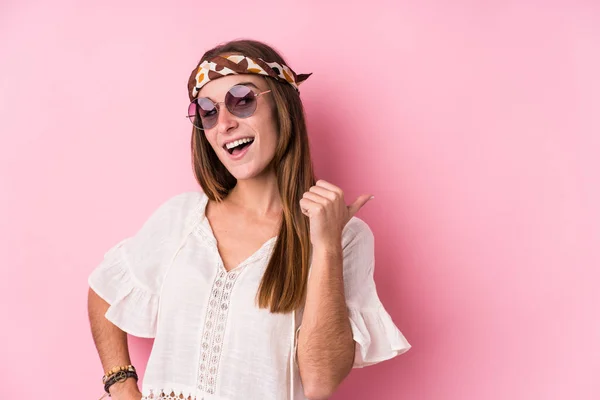 Young Hipster Caucasian Woman Isolated Points Thumb Finger Away Laughing — ストック写真