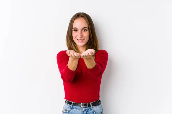 Young Caucasian Woman Posing Isolated Holding Something Palms Offering Camera — Stock Photo, Image