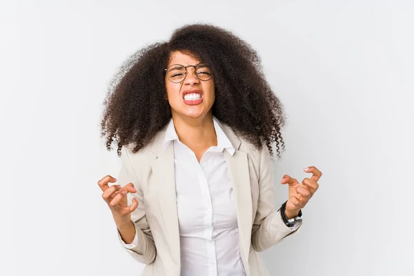 Young African American Business Woman Upset Screaming Tense Hands — Stock Photo, Image