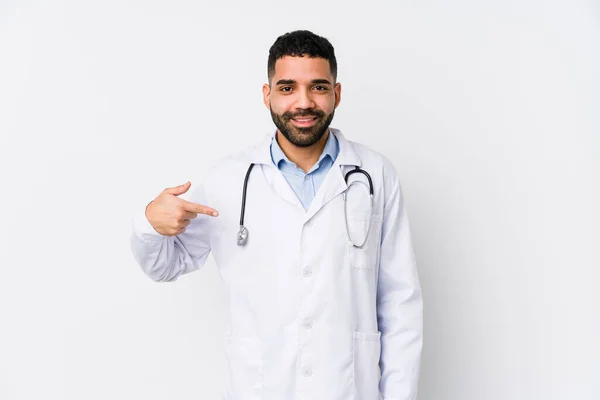 Young Arabian Doctor Man Isolated Person Pointing Hand Shirt Copy — Stock Photo, Image