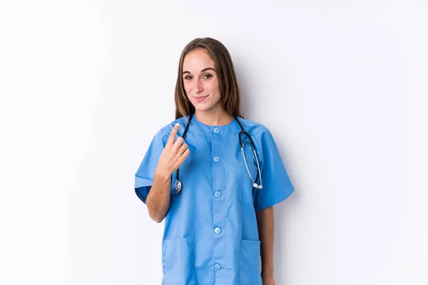 Joven Enfermera Aislada Señalándote Con Dedo Como Invitaras Acercarte — Foto de Stock