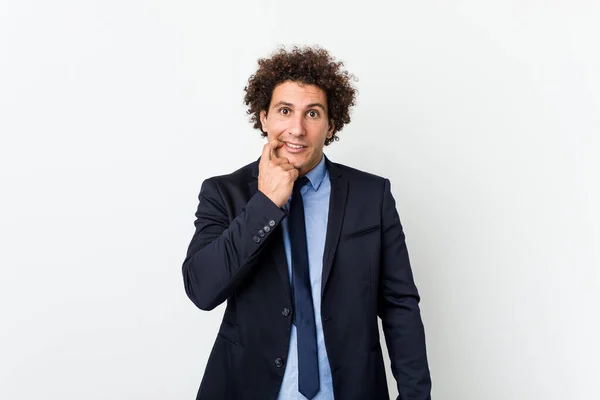 Young Business Curly Man White Background Biting Fingernails Nervous Very — 图库照片