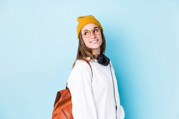 Joven Estudiante Aislada Mira Lado Sonriente Alegre Agradable — Foto de Stock