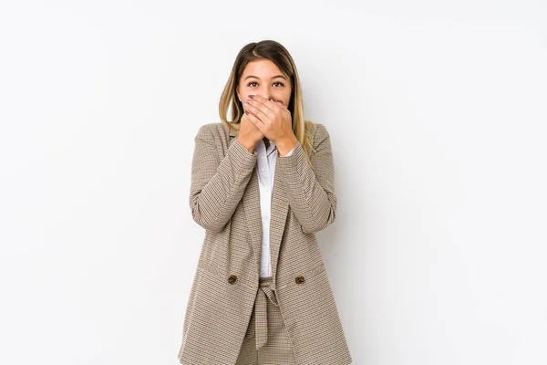 Young Caucasian Business Woman Isolated Shocked Covering Mouth Hands — Stock Photo, Image