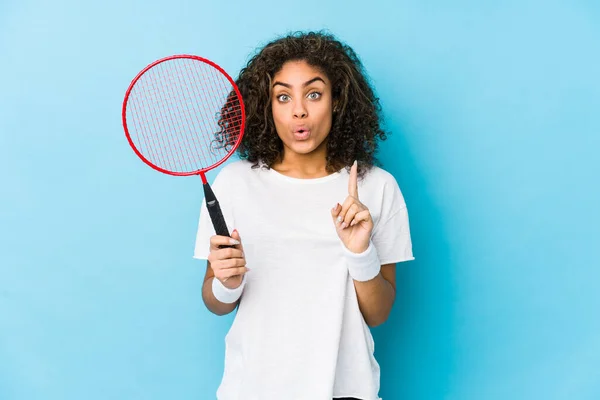 Young African American Woman Playing Badminton Having Some Great Idea — ストック写真