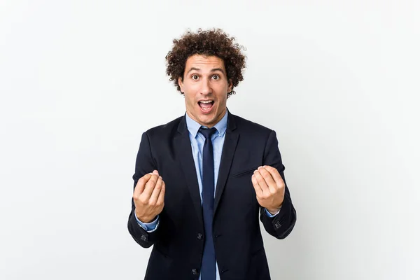 Young Business Curly Man White Background Cheering Carefree Excited Victory — ストック写真