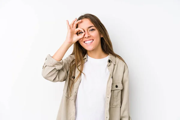 Young Caucasian Woman Isolated Excited Keeping Gesture Eye — Stock Photo, Image