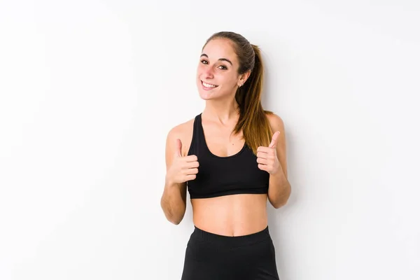 Young Caucasian Fitness Woman Posing White Background Raising Both Thumbs — 스톡 사진