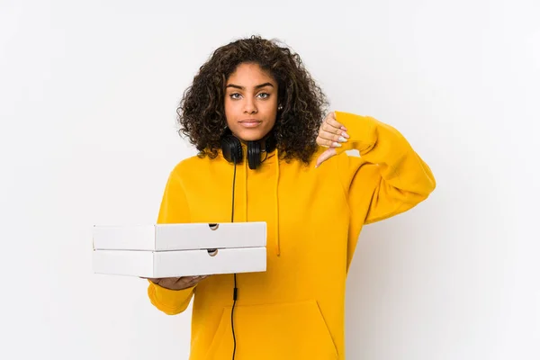 Young African American Student Woman Holding Pizzas Showing Dislike Gesture — Stockfoto