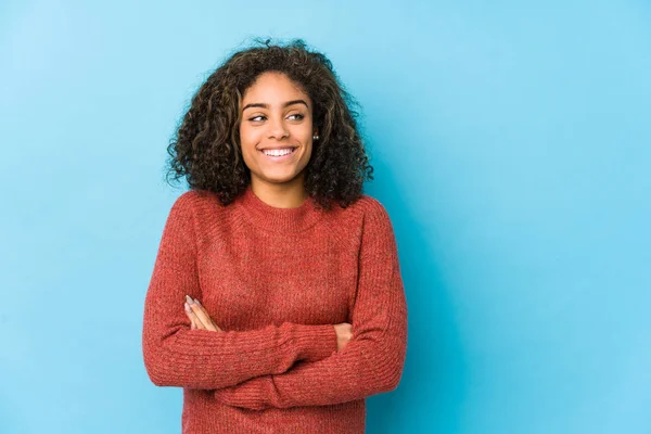 Young African American Curly Hair Woman Smiling Confident Crossed Arms — Stock Photo, Image