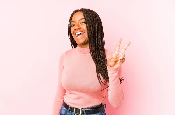 Young African American Woman Isolated Pink Background Joyful Carefree Showing — Stock Photo, Image