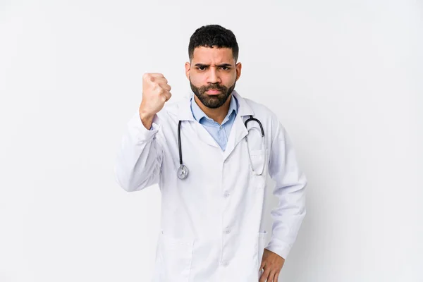 Young Arabian Doctor Man Isolated Showing Fist Camera Aggressive Facial — Stock Photo, Image