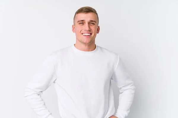 Young Caucasian Man White Background Confident Keeping Hands Hips — 图库照片