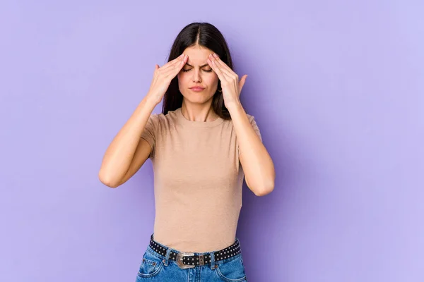 Young Caucasian Woman Isolated Purple Background Having Head Ache Touching — Stock Photo, Image