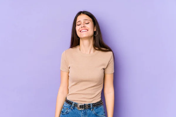Young Caucasian Woman Isolated Purple Background Laughs Closes Eyes Feels — Stock Photo, Image