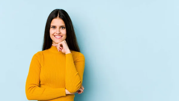 Young Caucasian Woman Isolated Blue Background Smiling Happy Confident Touching — Stock Photo, Image