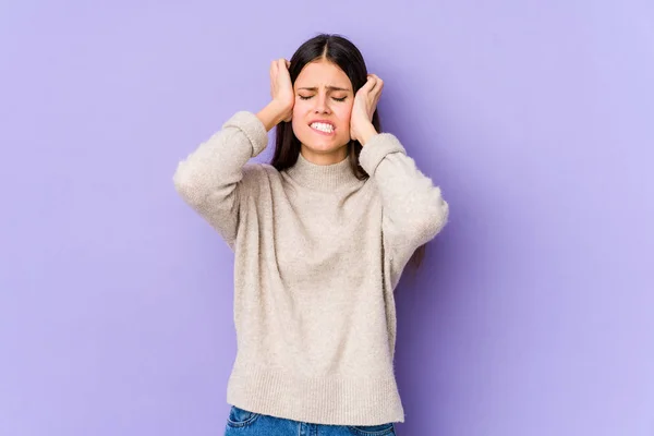 Young Caucasian Woman Isolated Purple Background Crying Unhappy Something Agony — Stock Photo, Image