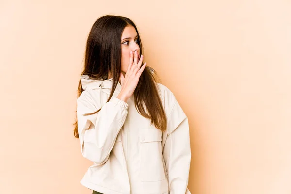Young Caucasian Woman Isolated Beige Background Being Shocked Because Something — Stock Photo, Image