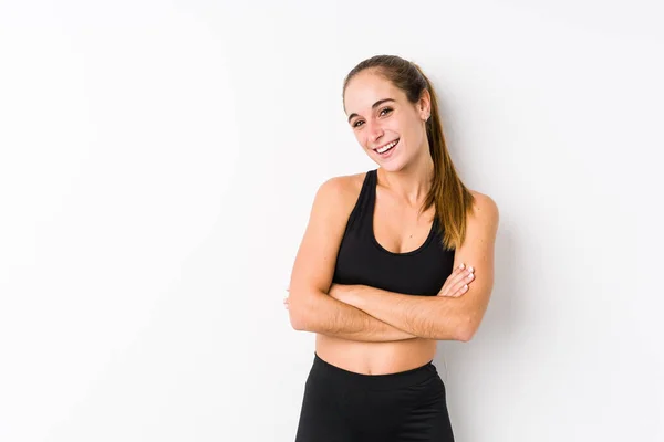 Young Caucasian Fitness Woman Posing White Background Laughing Having Fun — Stock Photo, Image